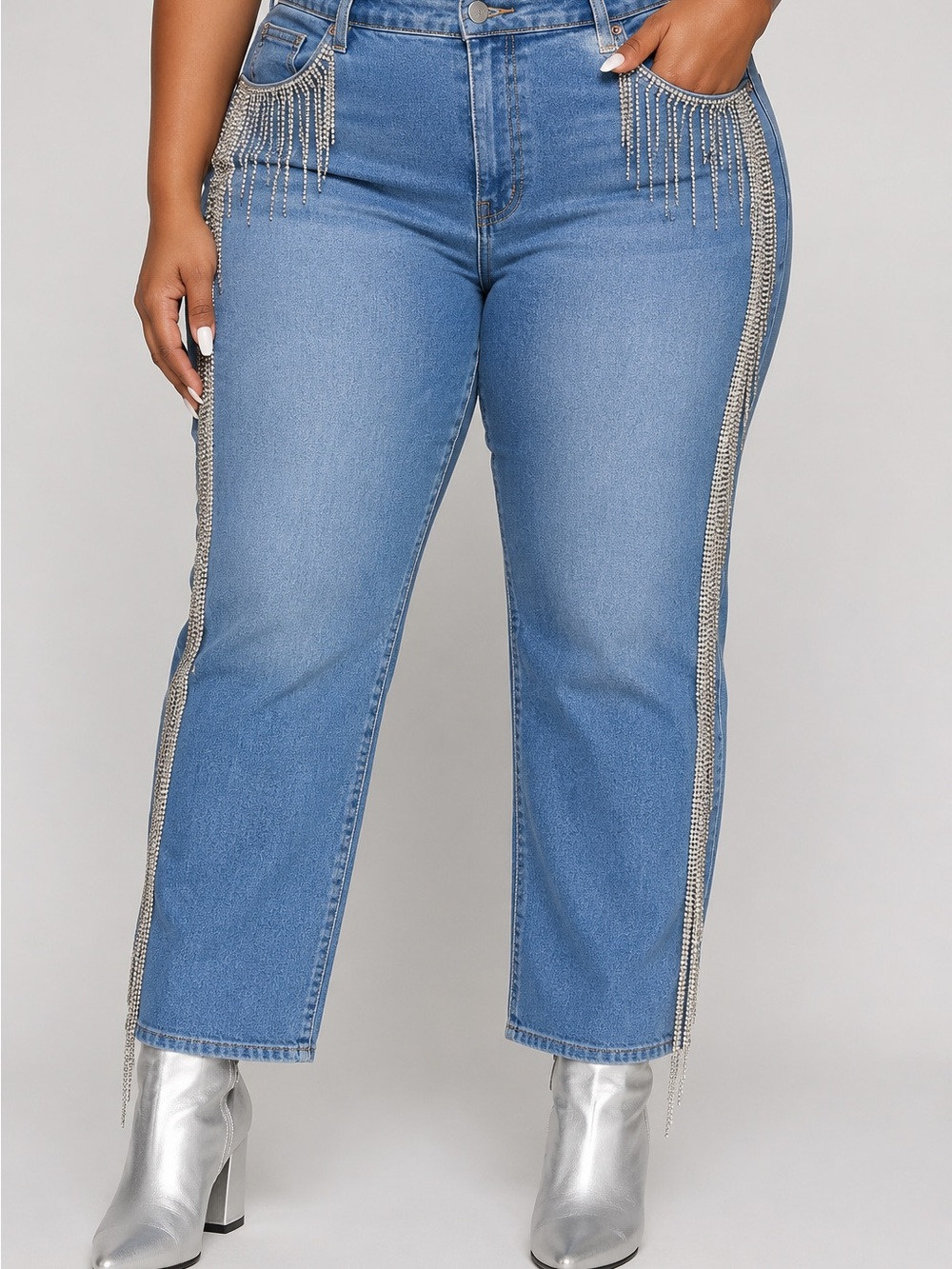 Levi Strauss Signature Bling High Rise Straight Leg Jeans Rhinestone Fringe